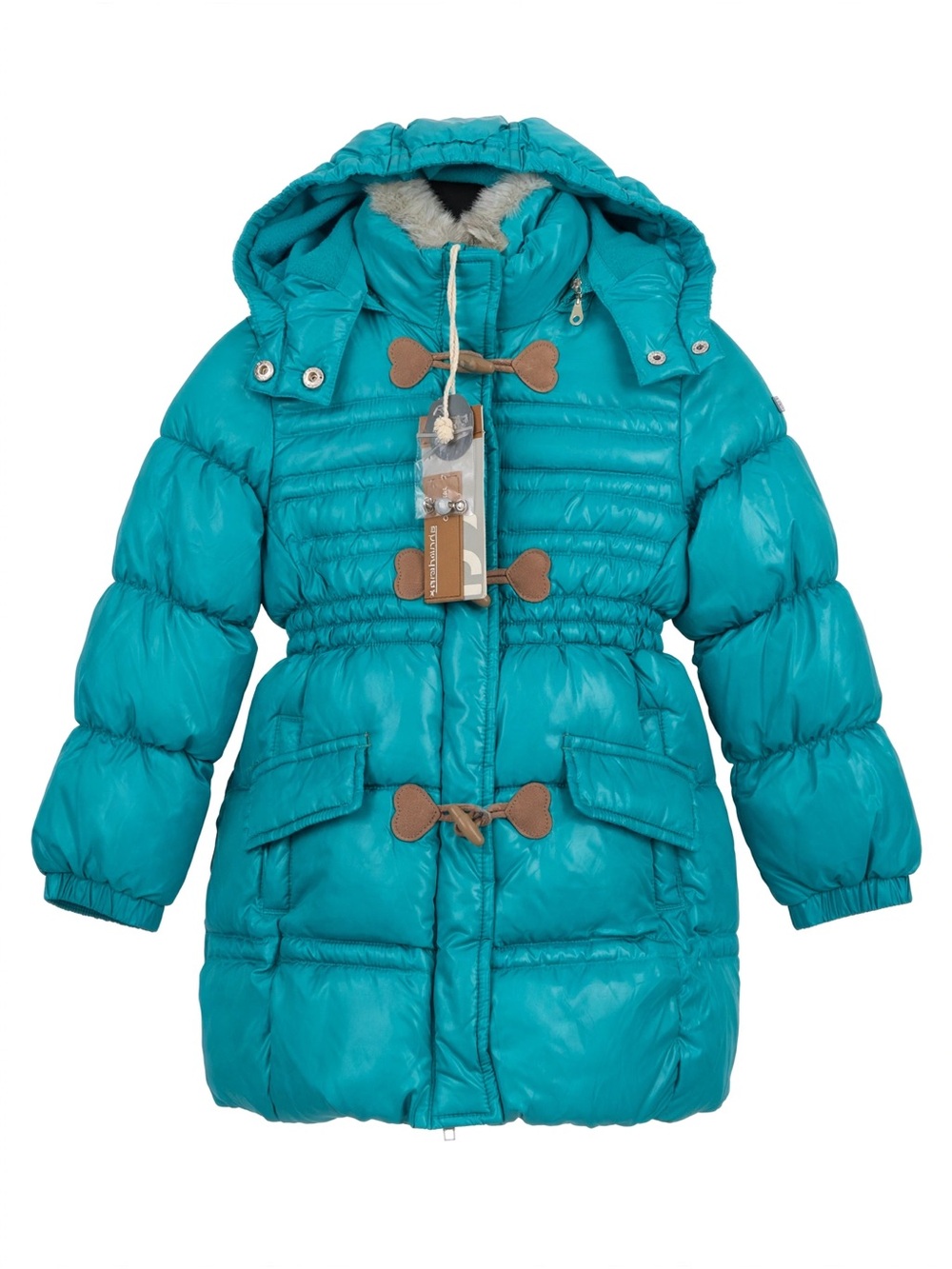 NWT Sarabanda Girls Puffer Coat Size 4A Teal Heart Toggle Faux Fur Hood
